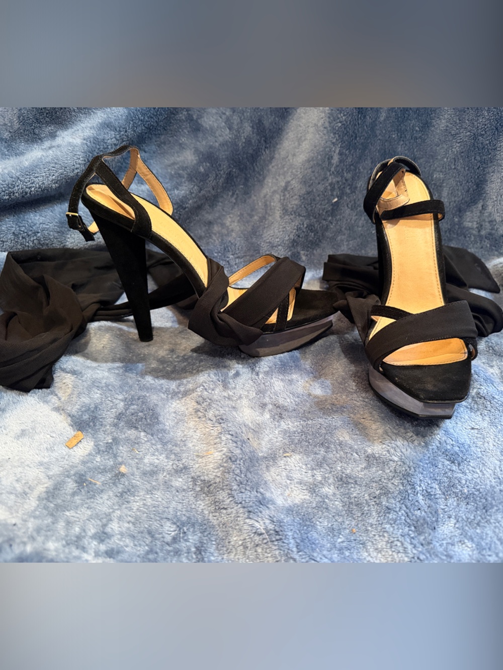 Colin Stuart Black Strappy Wrap-Around High Heel Sandals with Calf Wrap Scarves